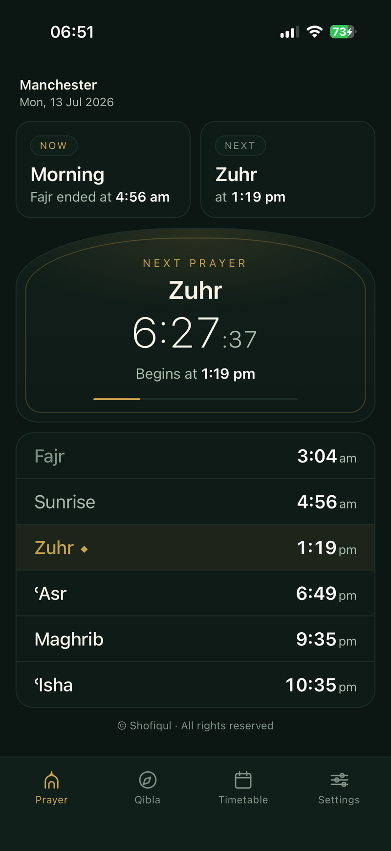 My Namaz prayer screen showing a live countdown to Zuhr with times for Manchester