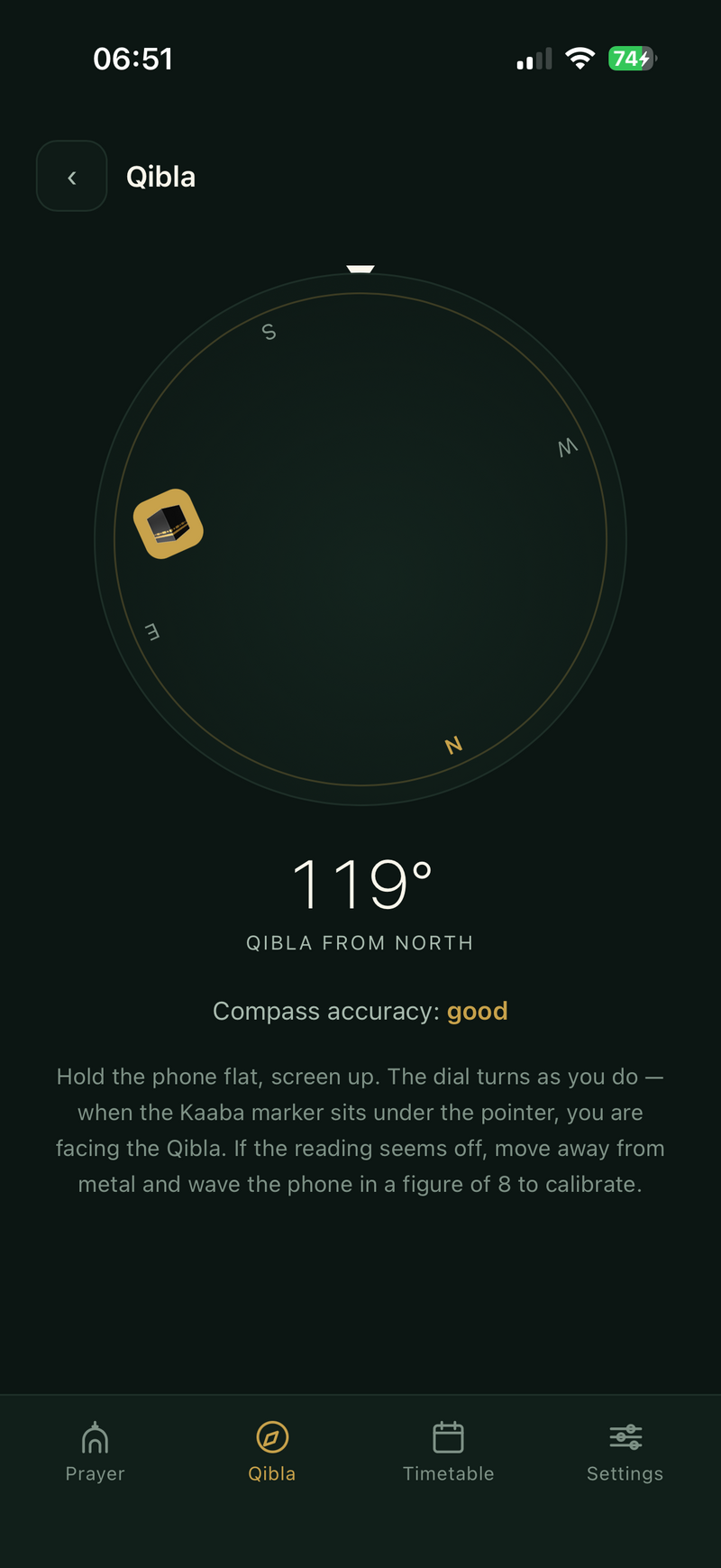 Qibla compass showing 119 degrees from north with a Kaaba marker on the dial