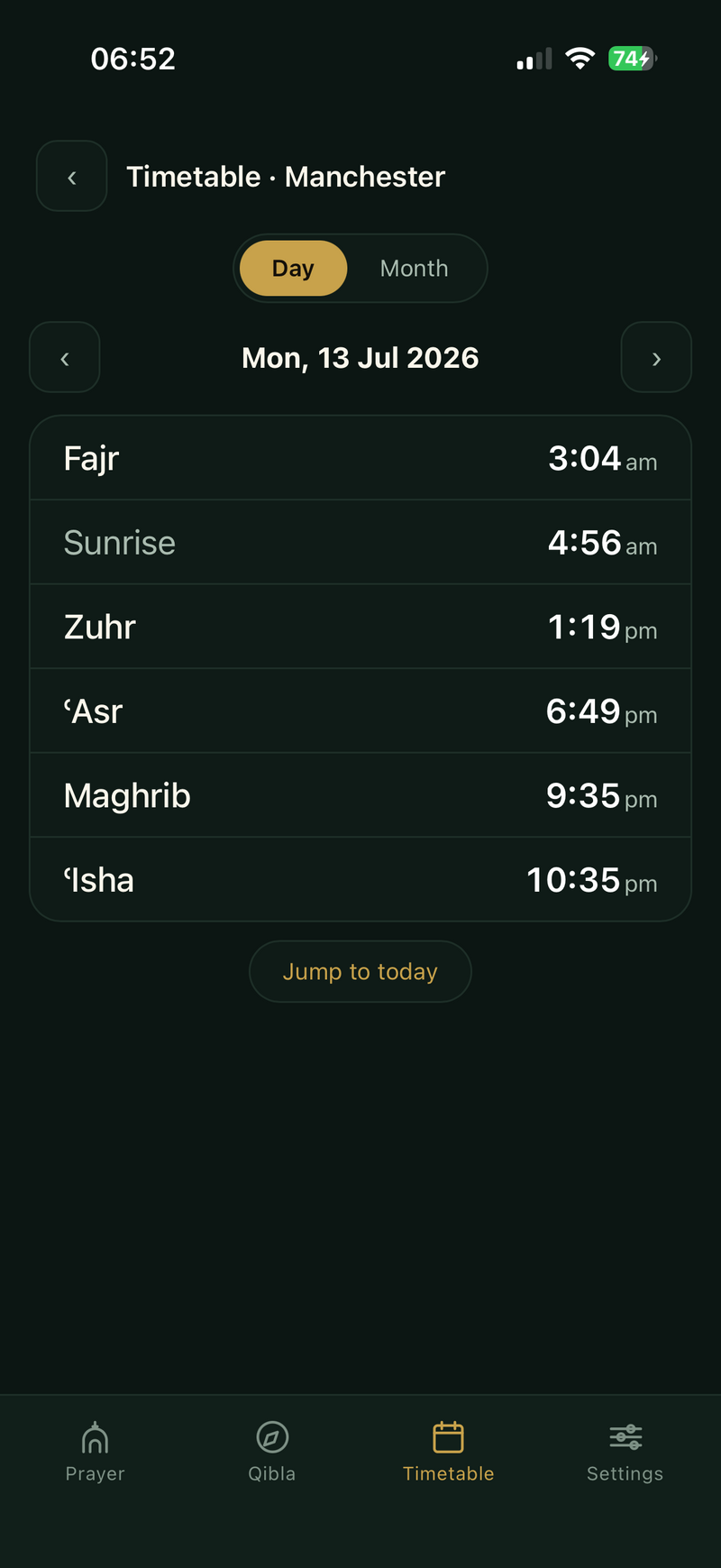 Timetable in day view showing Fajr, Sunrise, Zuhr, Asr, Maghrib and Isha for Monday 13 July 2026 in Manchester