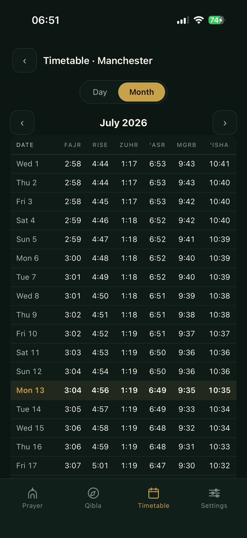 Timetable in month view showing daily prayer times for July 2026 with today highlighted